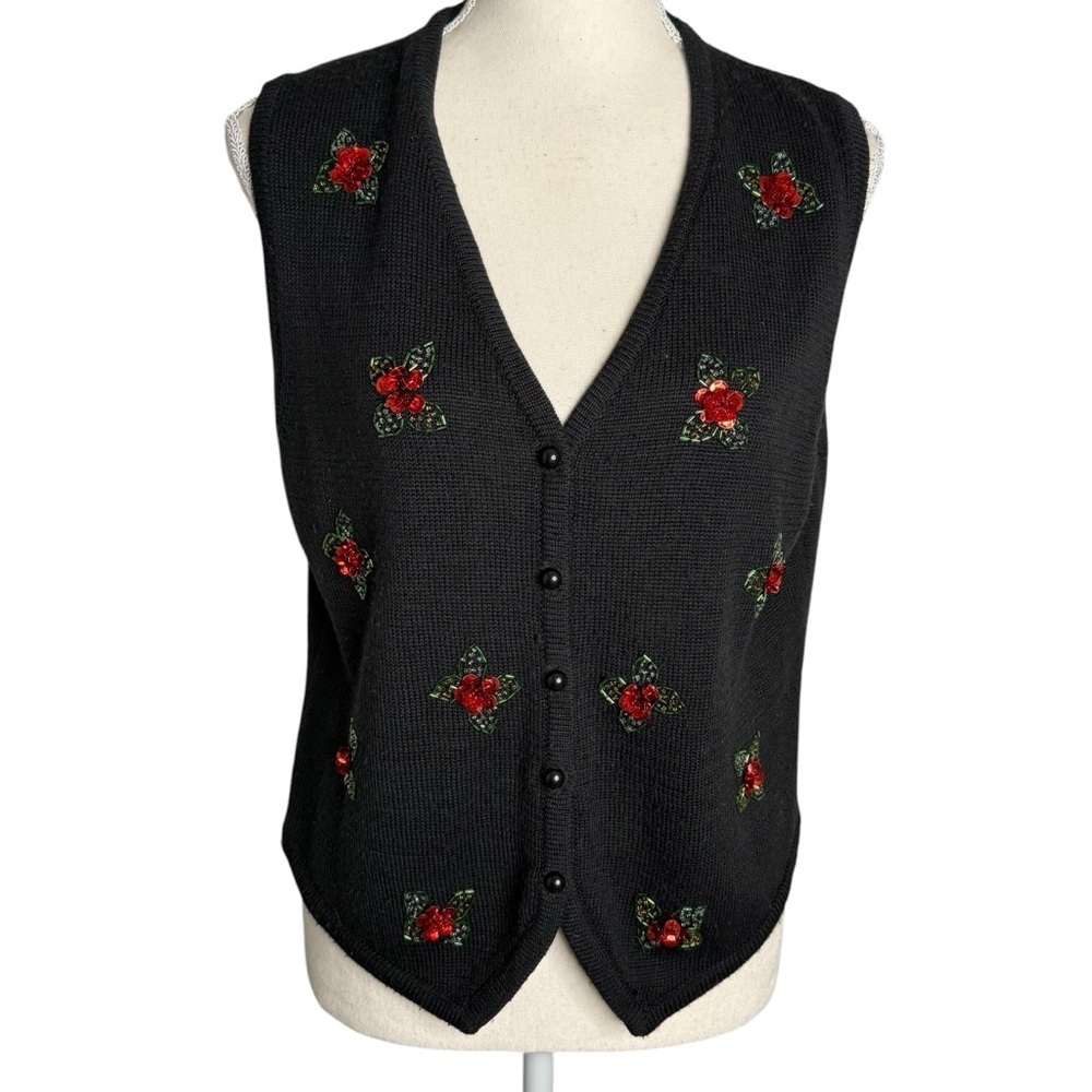 Joan Leslie Vintage Black Knit Vest‎ Sequin Rose Beaded Floral Button Front Med